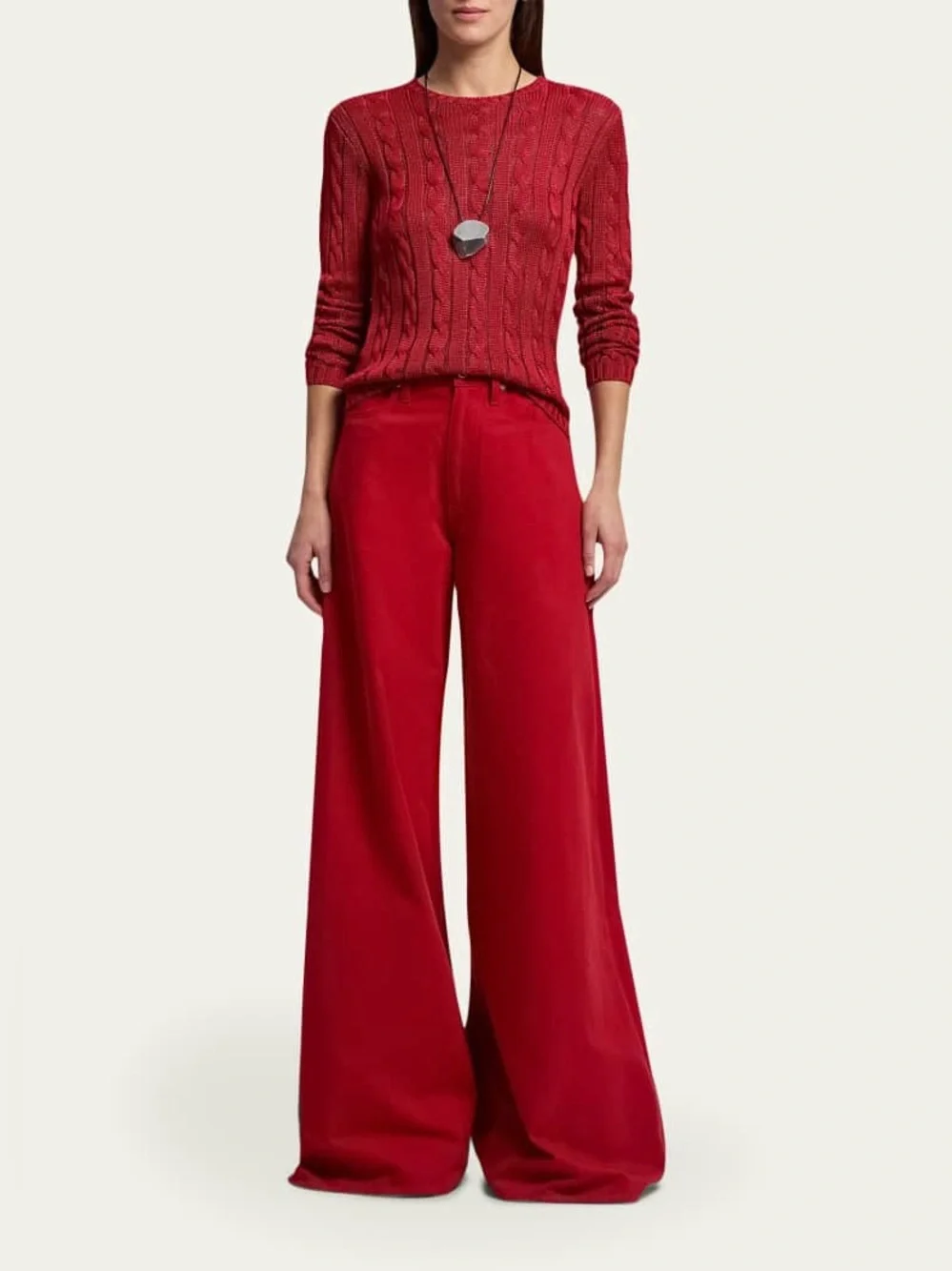 RALPH LAUREN COLLECTION SILK CABLE KNIT CREWNECK SWEATER IN RED